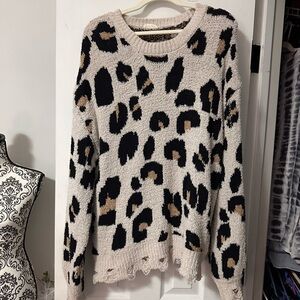 Distressed Chunky Oversized Leopard Pattern Sweater.